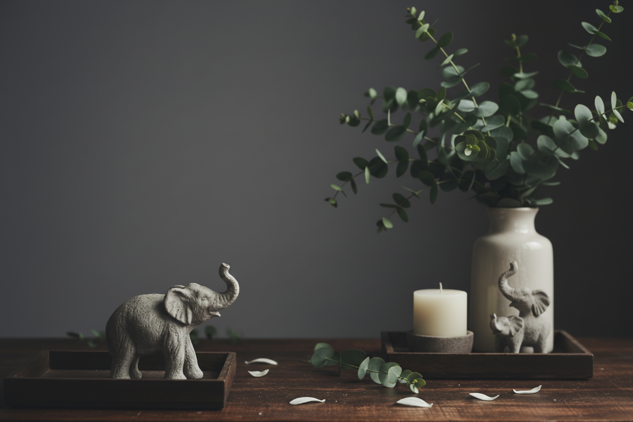 Rustic Elephant candle and eucalyptus display